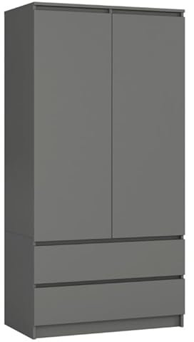BDW Kleiderschränk 2 Türen, 4 Einlegeböden, Kleiderständer, 2 Schubladen, Garderobenständer, Schubladenschrank, Garderobenschrank für Schlafzimmer, Wohnräume, 180x90x51cm, (Grau)