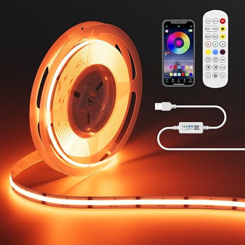 OULARA USB RGB Ruban LED COB 5V 2m, 1200LEDs Couleur Changement Bande Lumière, Multicolore Flexible LED Light avec Bluetooth App Contrôle pour Télévision, Chambre à Coucher, Fête, DIY Décoration