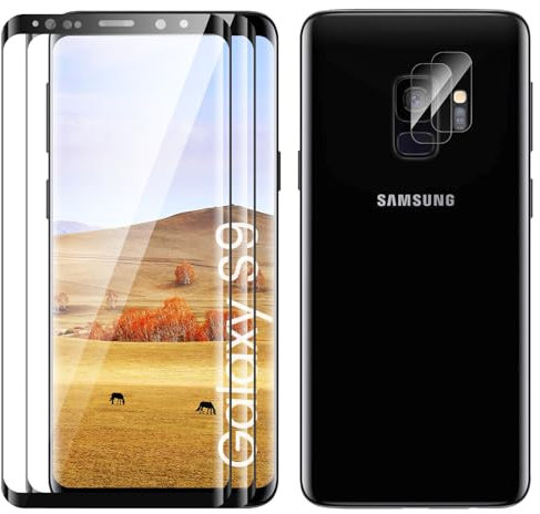 Verre Trempé pour Samsung Galaxy S9 Plein écran, Affaire Classée Protection écran, Bord à Bord, sans Bulle, Anti-Scratch, 2 Pièces Verre Trempé + 2 Pièces Caméra Protection écran