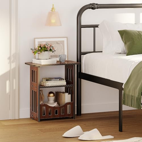 Dripex Narrow Brown End Table with Storage Shelf Basket, Slim Bedside Table Small Spaces, 3-Tier Nightstand for Living Room, Bedroom, Bathroom, Balcony