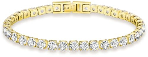 KRKC Damen Armband, 14K Gold Vergoldet 4mm Edelstahl Tennis Armband 5A Zirkonia, Nickel-frei Rostfrei Armkette Schmuck Geschenk für Frauen Geburtstag Muttertag Länge 19cm