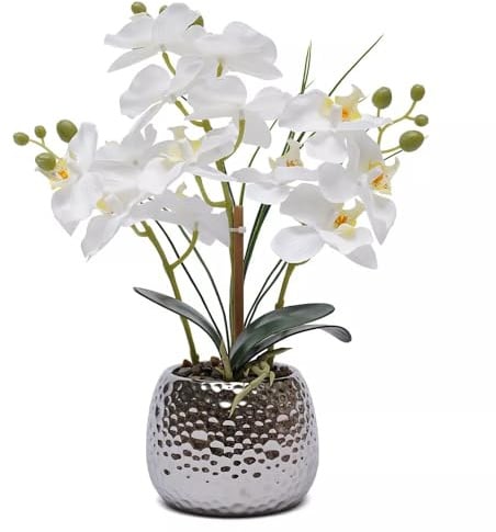 CHIMHOON Künstliche Orchidee Im Topf, Kunst Blumen, Orchideen Phalaenopsis Pflanze mit Topf, Weiß Künstliche Orchidee, für Wohnzimmer Esstisch Veranda Teetisch 36×39cm
