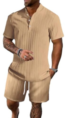 Trainingsanzug Für Herren Business Jogging Mode T-Shirt Casual Gutaussehend Trend Sportanzug Regular Fit Komfortabel Atmungsaktiv Kurzarm Tops Und Kurze Hosen 2-Teiliges Set I-Khaki XXL