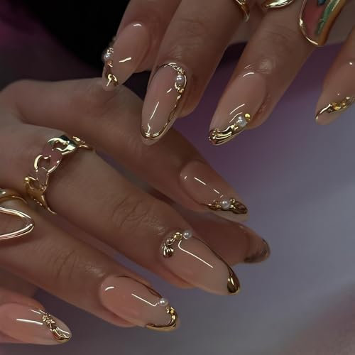24 Pieces 3D Press On Nails Almond - Medium Almond Nails French Tip False Nail with Pearls Jewel Design Gold French Line On Shiny - Perfect Nail Art for Women