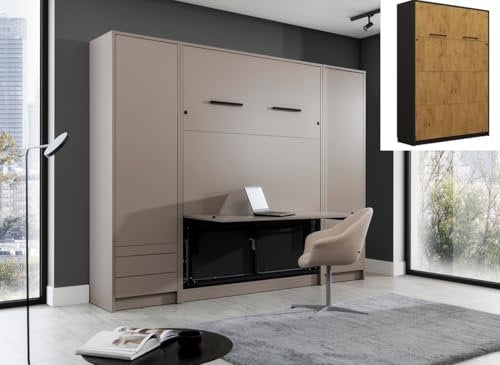 QMM Schrankbett Wandklappbett vertikal GN 140x200 mit integriertem Schreibtisch und 2 Schränken weiß, Eiche Schlafzimmer Set Farbauswahl (Eiche Lancelot & Schwarz)