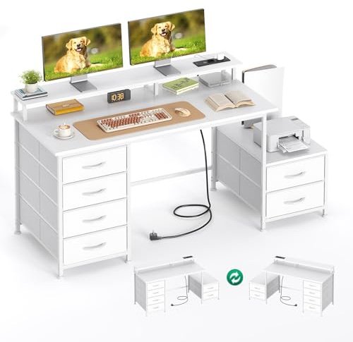 CAIYUN 132 x 48cm Schreibtisch mit 6 Schubladen und Druckerständer, umkehrbarer Computertisch mit Monitorständer und Steckdosen, Schreibtische für das Homeoffice, Weiß