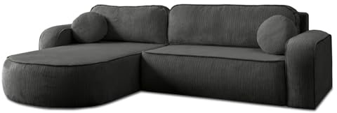 Lookway Ecksofa Venus L-Form mit Schlaffunktion und Bettkasten – modernes Schlafsofa 230x123 cm mit abgerundeten Seiten, komfortabler Stoff, ideal für Wohnzimmer (Dunkelgrau - Poso 34)