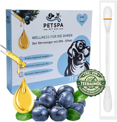 PET SPA Lot de 50 cotons-tiges 2 en 1 pour animaux de compagnie - Nettoyant naturel et doux pour les oreilles pour chiens et chats - Élimine la saleté et les odeurs - Emballage individuel pour une