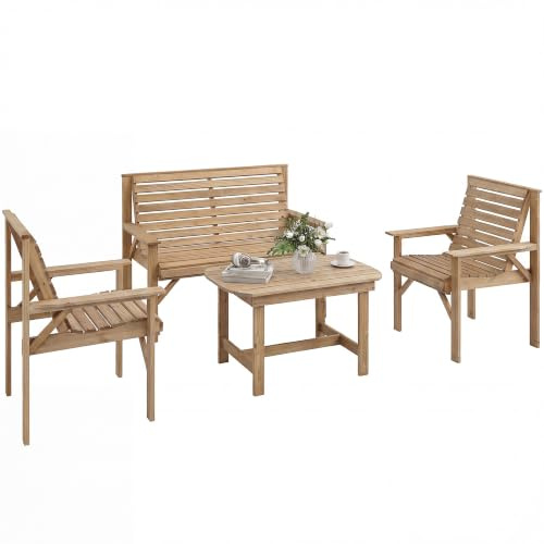 Outsunny 4 Seater Wooden Garden Furniture Set 4 Piece Natural Wood Finish | Garden Sofa Set, 2 Armchairs, Loveseat, Coffee Table, Slatted Wood, Outdoor Conversation Furniture, Patio Balcony