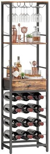 HOMCOM Weinregal Glashalter Schublade Rustikal Braun 40 x 30 x 148 cm | Flaschenregal für 12 Weinflaschen, Standregal, Weinhalter für Küche