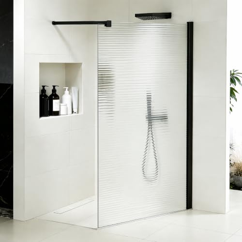 Paroi de douche 110x200 en verre ondulé 8mm avec barre de stabilisation 90 cm - Finition en noir mat