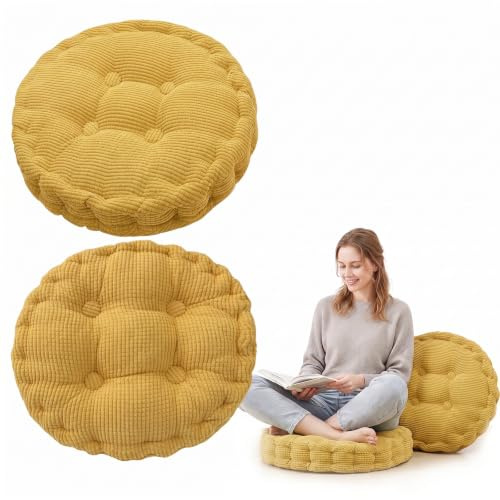 2er Set Stuhlkissen Rund, Dicke Bodenkissen Sitzpolster Outdoor/Indoor, Sitzkissen 40 x 40 cm, Kissen für Gartenstühle Balkonstuhl, Sitzkissen Stuhl Stuhlauflage für Esszimme Wohnzimmer (Gelb)