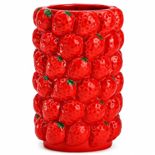 Blumenvase Erdbeeren aus Keramik – Dekovase 19 cm – Frucht Design – Vase für Blumen, Sommerdeko & Küche (Erdbeere)