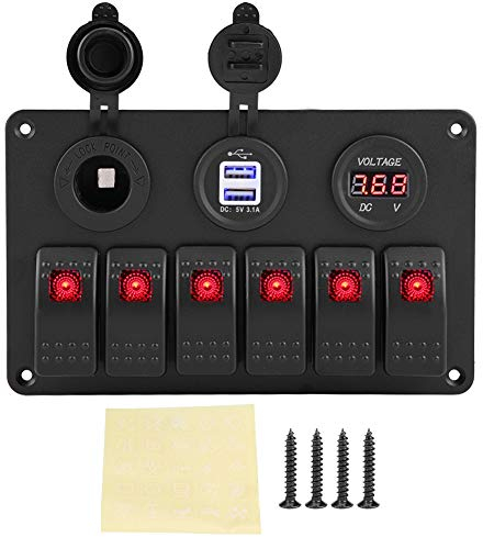 KIMISS 12V 24V 6 Gang Marine Schalttafel Auto Boot Marine LED Wippschalter Panel Dual USB Voltmeter +Zigarettenanzünder Rot