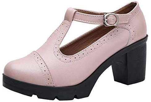 PPXID Women's T-Strap Mary Jane Pumps Dress Oxfords Mid Block Heel Platform Court Shoes Pink 4 UK