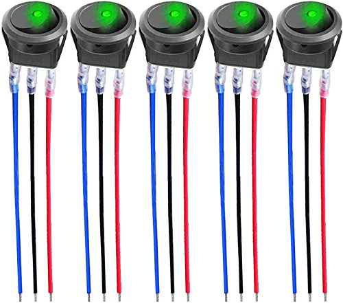 CESFONJER 5 pezzi DC 12V 20A LED set di pulsanti interruttore illuminato automaticamente, 12V interruttore a levetta rotante tondo pulsante per auto, barca, con luce a Verde LED (con 16AWG Fili)