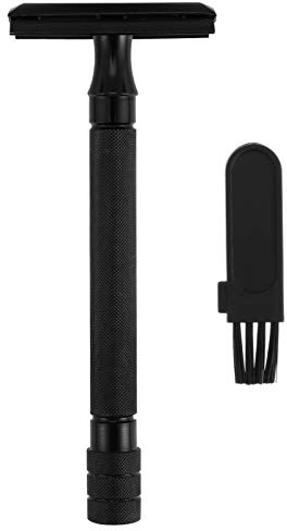HEALLILY Doppelschneidiger Rasierhobel, langer Griff, wiederverwendbar, Aluminiumlegierung, Metall-Rasierer für Damen und Herren, Rasier-Set, keine Rasierklingen, schwarz