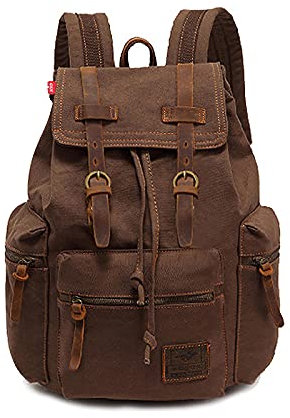 Vintage Canvas Leder Rucksack Unisex Casual College Tasche Wandern 39,6 cm Kaffee