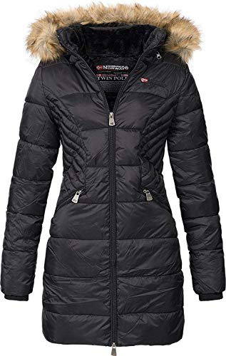 Geographical Norway Abeille Lady Distribrands - Parka Chaude Femme - Manteau Epais Capuche Fausse Fourrure - Blouson Coupe Vent Hiver - Doudoune Long Doublure (Noir XL - Taille 4)