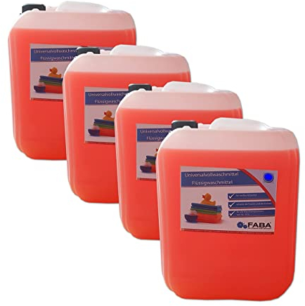 FABA Flüssigwaschmittel Konzentrat 4 x 5 L, rot angenehm frisch, gratis Ausgießer