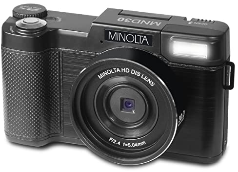 Minolta 30MP Digital Camera – 2.7K Ultra HD Video, 3-inch 180° LCD Screen, Face Detection, Anti-Shake, 9 Scene Modes, Photo Burst, Panorama, CMOS Sensor, 32GB Card (Black)
