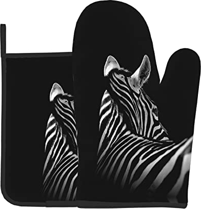 Set di guanti da forno e presine zebrati neri e bianchi: per cucina, decorazione, cottura, grigliare, resistenti al calore, lavabili