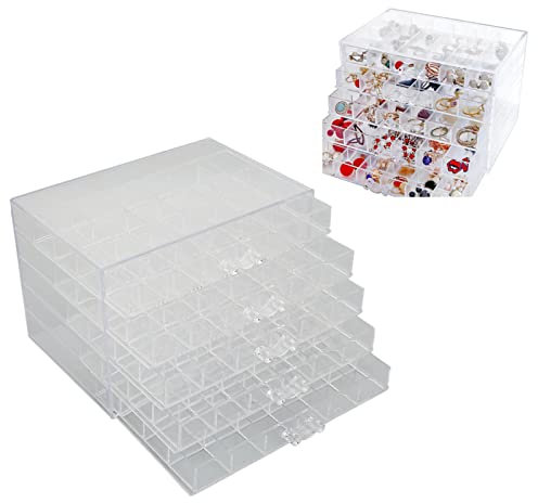 Hapivida 120 Grids Acryl Schmuck Aufbewahrungsbox 5 Schubladen Transparente Ohrring Schmuckkästchen Sortierboxen für Frauen Mädchen Ringe Halsketten Make-up Kosmetik