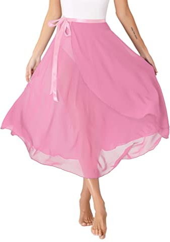 TiaoBug Damen Chiffon Ballett Rock Wickelrock Langer Tanzrock Maxi Röcke transparent Ballett Tanz Kostüm Bekleidung in 6 Farben Rosa A Einheitsgröße