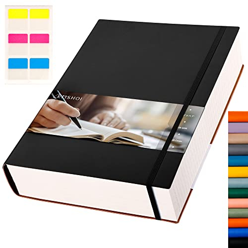 EMSHOI Notizbuch, A4, 400 Seiten, 100 g/m², dick, liniert, großes liniertes Tagebuch, veganes Leder, Softcover, tägliches Notizbuch für Damen, Herren, Arbeit, Schule, Büro, Schreiben, Haftnotizen