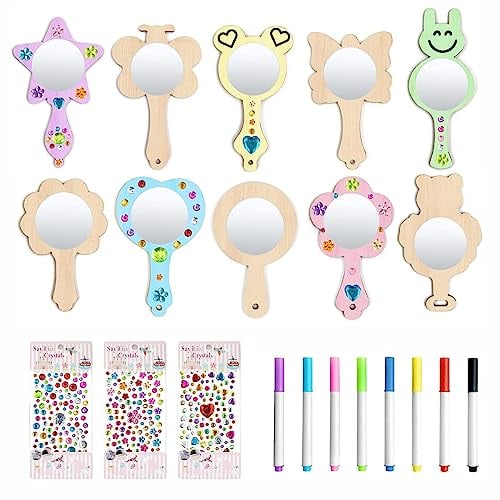 Holzspiegel Handwerk für Kinder,23 Stücke Prinzessin DIY Holzspiegel Handwerk,Mini Handspiegel mit Griff Set,Kinderspiegel Zum Bemalen,Unvollendete Handspiegel für DIY Kinder Malen Dekoration