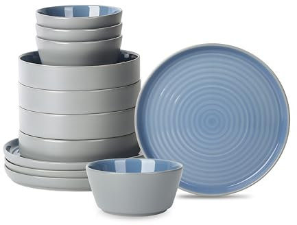 Stone Lain Elica 12-Piece Modern Dinnerware Set Stoneware, Plates and Bowl Sets for 4, Blue and Grey