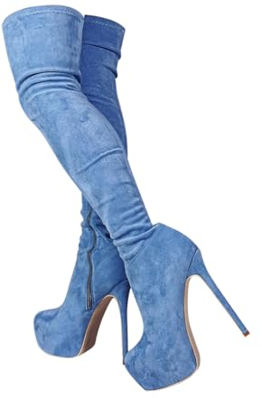 blingqueen Stivali elasticizzati da donna sopra il ginocchio, con plateau, blu jeans, 44 EU
