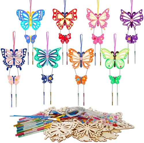 HONMOK 12 Stück Schmetterling Windspiele Bastelset Kinder Holz Schmetterling Windspiel Basteln DIY Klangspiele zum Bemalen Butterfly Bastelhandwerk für Kinder Mädchen Junge Frühlingsdeko