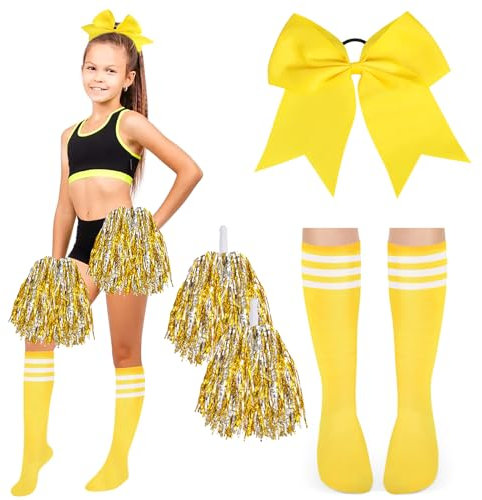 DPKOW Damen Cheerleader Kostüm Zubehör, Mädchen Cheerleader Kostüm Karneval Damen Mädchen Football Kostüm Zubehör Cheerleader Pompons Gelb Schleifen Haargummis Strümpfe Damen Mädchen Halloween Zubehör
