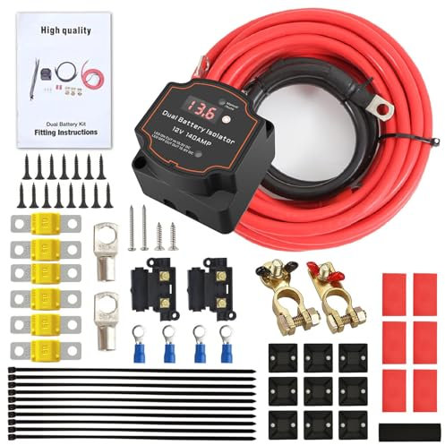 8M Split Charge Relay Kit, 12v 140Amp Smart Dual Battery Isolator, Voltage Sensitive Relay Kit with LED Screen Display for Campervan Van Truck SUV RV ATV UTV Boat