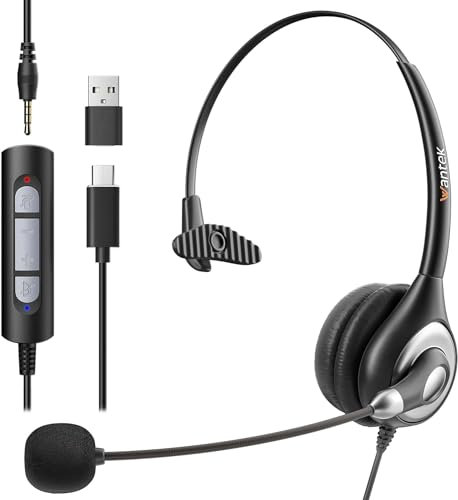 Wantek USB Headset with Microphone for PC Wired Headphones - USB C 3.5mm Headsets with Noise Cancelling Microphone for Laptop - Type-C Computer Headphones with Inline Volume Control & Mute