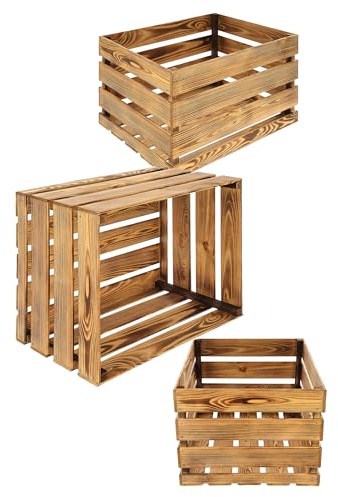 MAZUR Holzkiste Vintage | SET 3 Stück | 50x40x30 cm | Holzkisten | Kiste Holz Geflammt | Gebrauchte als Weinkisten & Obstkisten | Perfekt als Holzbox | zur Dekoration von Haus, Garten oder Balkon