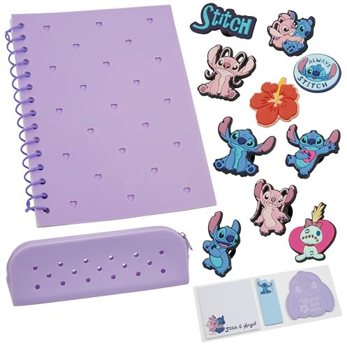 Disney Stitch Set Papeterie Fille, Carnet de Notes Personnalisable A5 et Trousse Personnalisable Enfant avec Épingles de Personnage Cadeau Fille