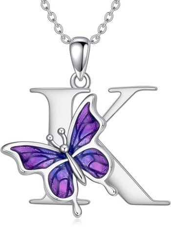 LONAGO Initialen Halskette für Damen 925 Sterling Silber Lila Schmetterling mit A-Z 26 Buchstaben Anhänger Halskette für Abschlussgeschenke