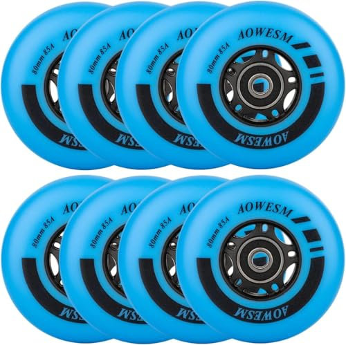AOWESM Inline-Skate-Rollen, 80 mm, 76 mm, 72 mm, 85a, für drinnen und draußen, Schwarz, Blau, Rot, Rollhockey-Klingen, Ersatzräder mit Kugellagern, ABEC-9 und schwimmenden Abstandshaltern (8er-Pack)