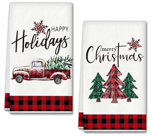 LUYANFX 2 PCS Toallas de Cocina Navidad, con patrón Arbol de Navidad y Camión,18 x 26 Inch Paños de Cocina Algodon,Multiusos Trapos Cocina de Suaves y absorbentes para Decoracion Navidad Hogar