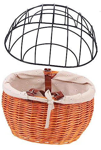 GOOHOCHY Geflochtener Fahrradkorb Aus Rattan Stabiler Aufbewahrungskorb Für Fahrräder Gemüsekorb Zum Verstauen Von Spielzeug Büchern Und Haustieren Mit Abnehmbarer Eisenabdeckung Für Bequem