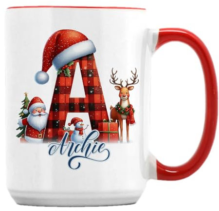 Getagift Personalised Christmas Alphabet Letter, Initial with Name, Xmas, Secret Santa Alphabet, 15oz Coffee Mug. (Red Inside)