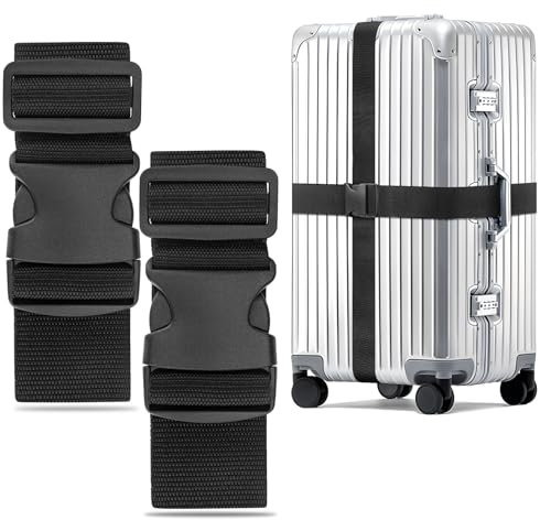 WISYOK Koffergurt 2 Stück, Kofferband Gurt Auffällig, Erweiterte Koffergurte Maximal 250cm, Sicher Kofferbänder, Robuster Koffer Gurtband, Luggage Strap für Reisen und Flugreise (Schwarz)