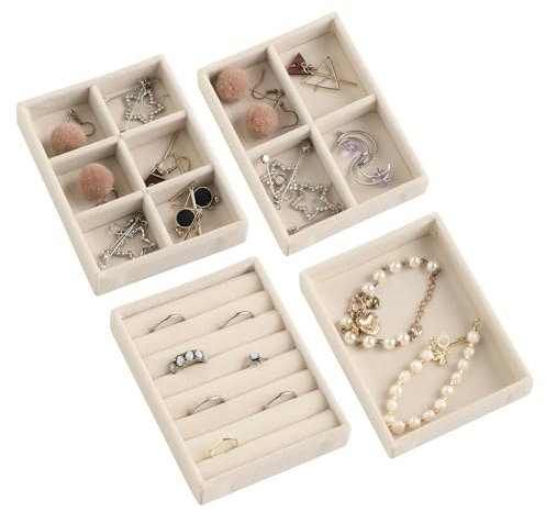 Frebeauty Small Jewellery Tray Set,Stackable Velvet Jewellery Organiser Tray,Mini Jewellery Drawer Organiser,Drawer Inserts,4.92 x 3.74 x 0.9 Inches,Earring Organiser for Women Girls(Set 4,Beige)