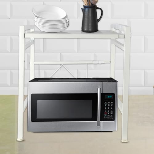 HUOLE Organizzatore da cucina con spazio portaoggetti per forno a microonde, a 2 livelli, piano di lavoro da cucina, supporto piastra adesiva, 40/64 x 45 x 36,5 cm, bianco
