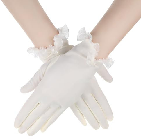 Yolev Hochzeit Brauthandschuhe Weiß Satinhandschuhe Damen Elegant Kurze Handschuhe Stretch Spitzenbesatz Perlen Tanzhandschuhe Retro 1920er Jahre Perle Handschuhe für Hochzeit Bankett Opernparty