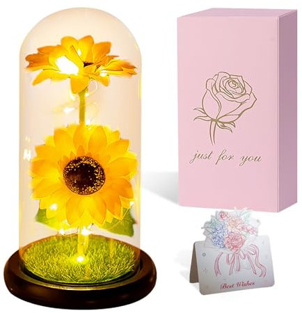 Gelbe Sonnenblume in einer transparenten Kuppel mit künstlichem Blumendekor für Zuhause, Büro, Restaurant für Geburtstagsgeschenke für Mama Frau Freundin Oma, Muttertagsgeschenk mit rosa Geschenkbox