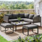 Jtyca Rattan Gartenmöbel Set, Balkon Möbel Set für 6-7 Personen, 2 Großes Sofa, 1 Kleines Sofa, 2 Sofabank, 1 Tisch, mit Verzinktem Eisengestell, Inklusive Aller Sitz- und Rückenkissen (Grau)