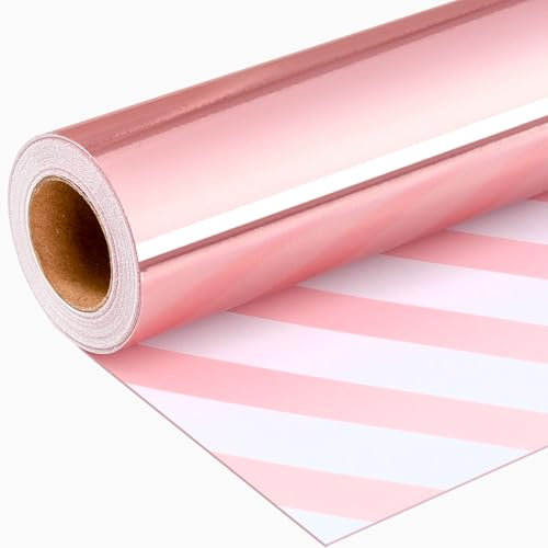 Wikadlik Mini rotolo di carta da regalo, colore rosa metallizzato a tinta unita e strisce, reversibile, per compleanni, San Valentino, festa della mamma, baby shower, matrimoni, 43 cm x 10 m